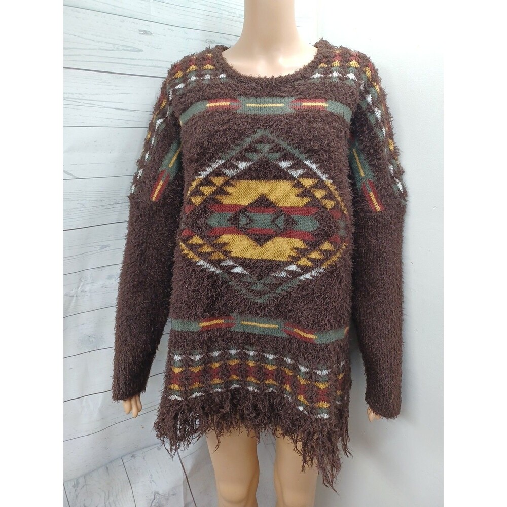 Vtg Rockin'C Southwestern Fuzzy Funky Geometric Brown Sweater Brown Fringed XL